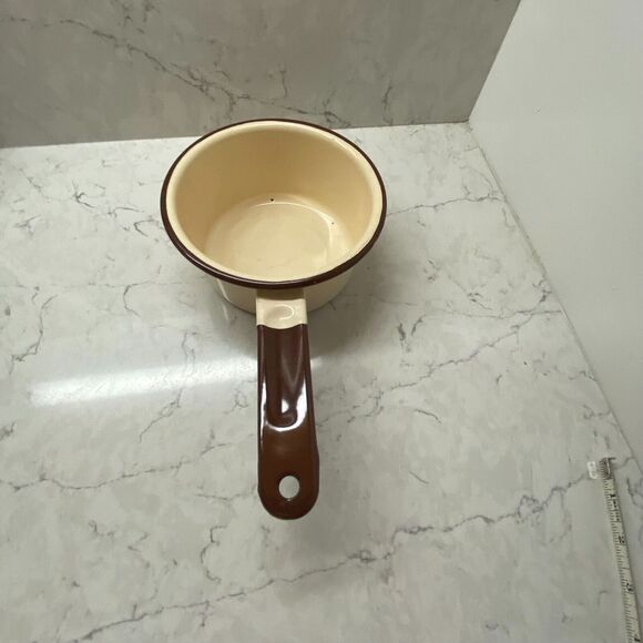 Vintage Enamelware Sauce Pan Beige With Brown Trim Farmhouse - Picture 2 of 7